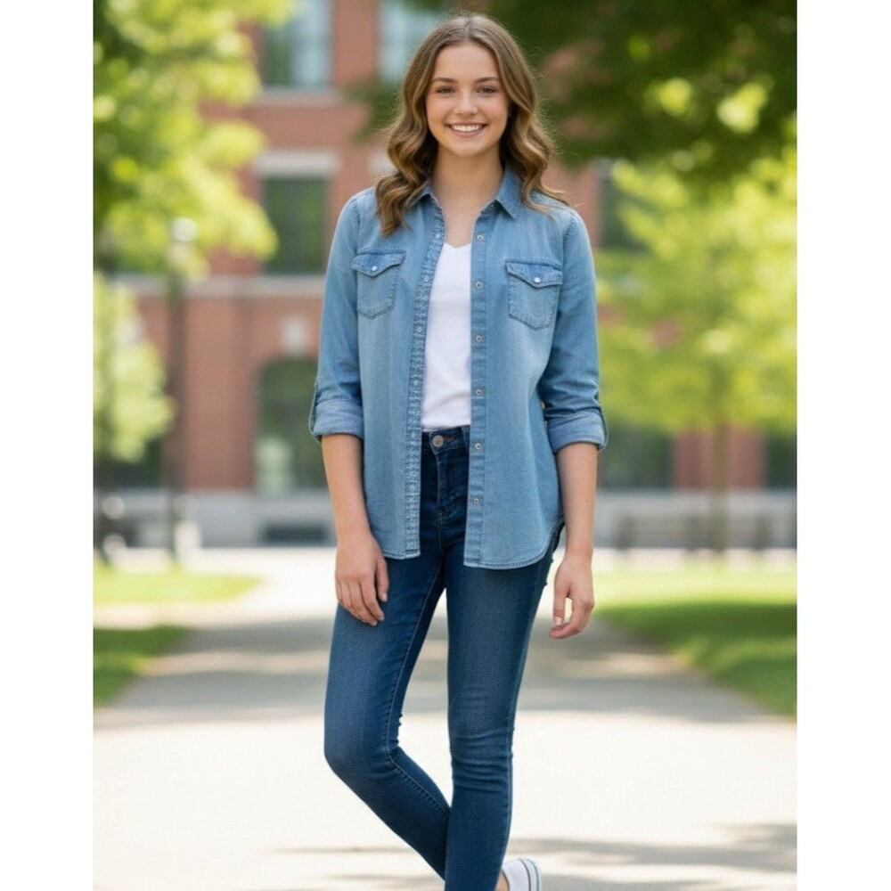 Nordstrom Tucker + Tate Girls XL 16 Long Sleeve Chambray Denim Pearl Snap Top
